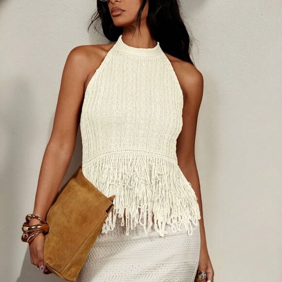 White Casual Women's Vacation Fringe Hem Halter Neck Knit Top - Picture 9 of 9